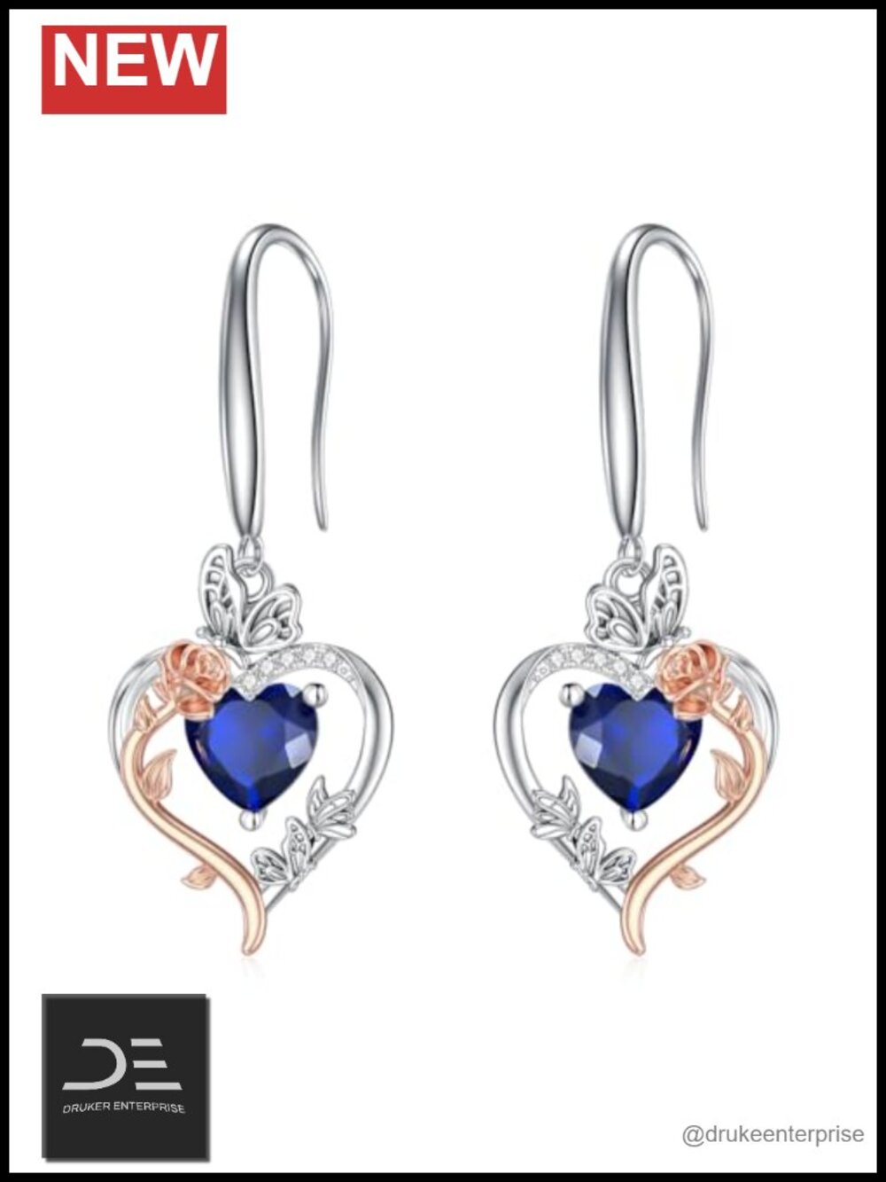 925 Sterling Silver Sapphire Heart Butterfly Dangle Earrings Women Gift